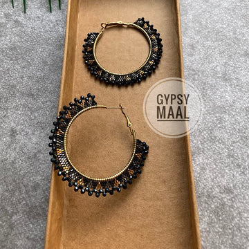 Black & Gold Aztec Bugle Beads Earrings